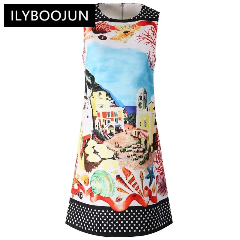 

ILYBOOJUN Fashion Designer Summer Tank Dress Women's O-Neck Sleeveless Dot Landscape Print Beach Style Dresses