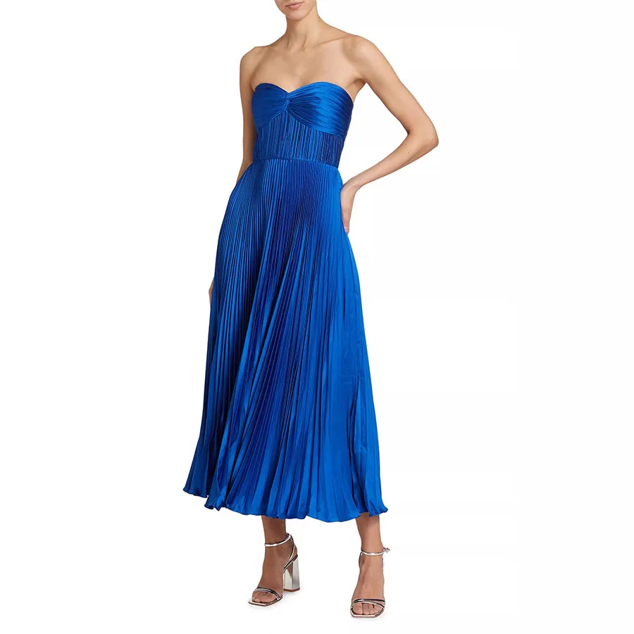 Summer Satin Wrap Dress Pleated Chest Strapless High Waist Backless Swing Long Gown Women Solid Elegant Vacation Party