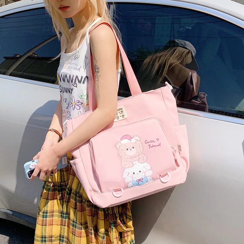 

New Women's Tote Bag Cartoon Sweet Crossbody Shoulder Bag Large Capacity Student Oxford Cloth Class Commuting Tutoring Bag