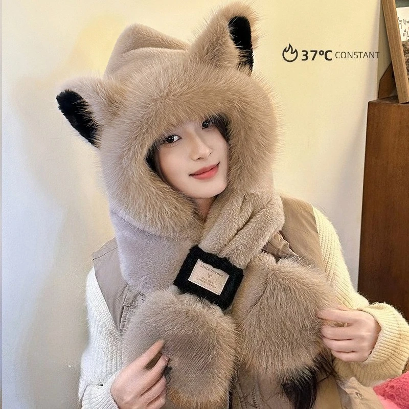 النسخة الكورية من قبعة أذن الثعلب اللطيفة من القطيفة، وشاح قبعة في وشاح نسائي بغطاء للرأس للخريف والشتاء دافئ لركوب الدراجات #3