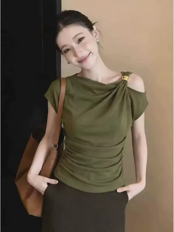 

Chic Green Asymmetrical Shoulder Pleated T-Shirt Women's Slim Fit Summer Fashionable plus Size Korean Style Commute Style