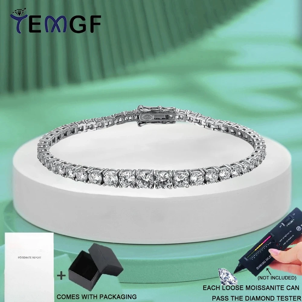 

TEMGF Full Zircon/Moissanite Bracelet Single Row Gradient Sized S925 Silver Chain for Women Sparkling Jewelry Birthday Gifts