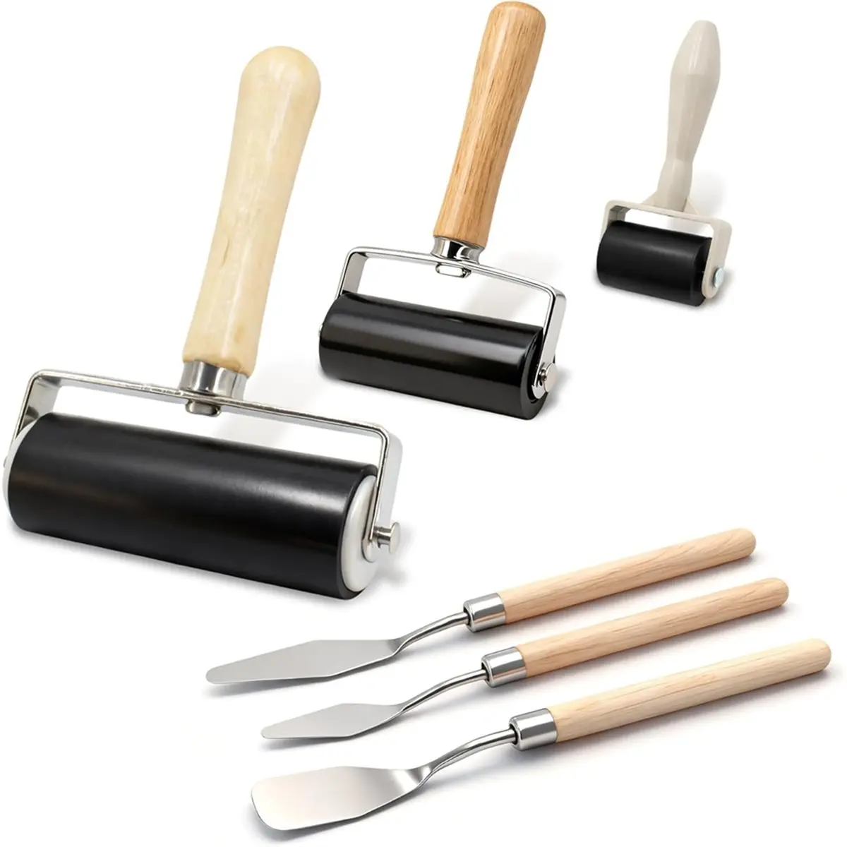 KSOL 6 Pack Rubber Brayer Roller Kit,3 Sizes Rubber Rollers with 3 Scrapers for Printmaking Wallpaper Ink Stamping Gluing Oil