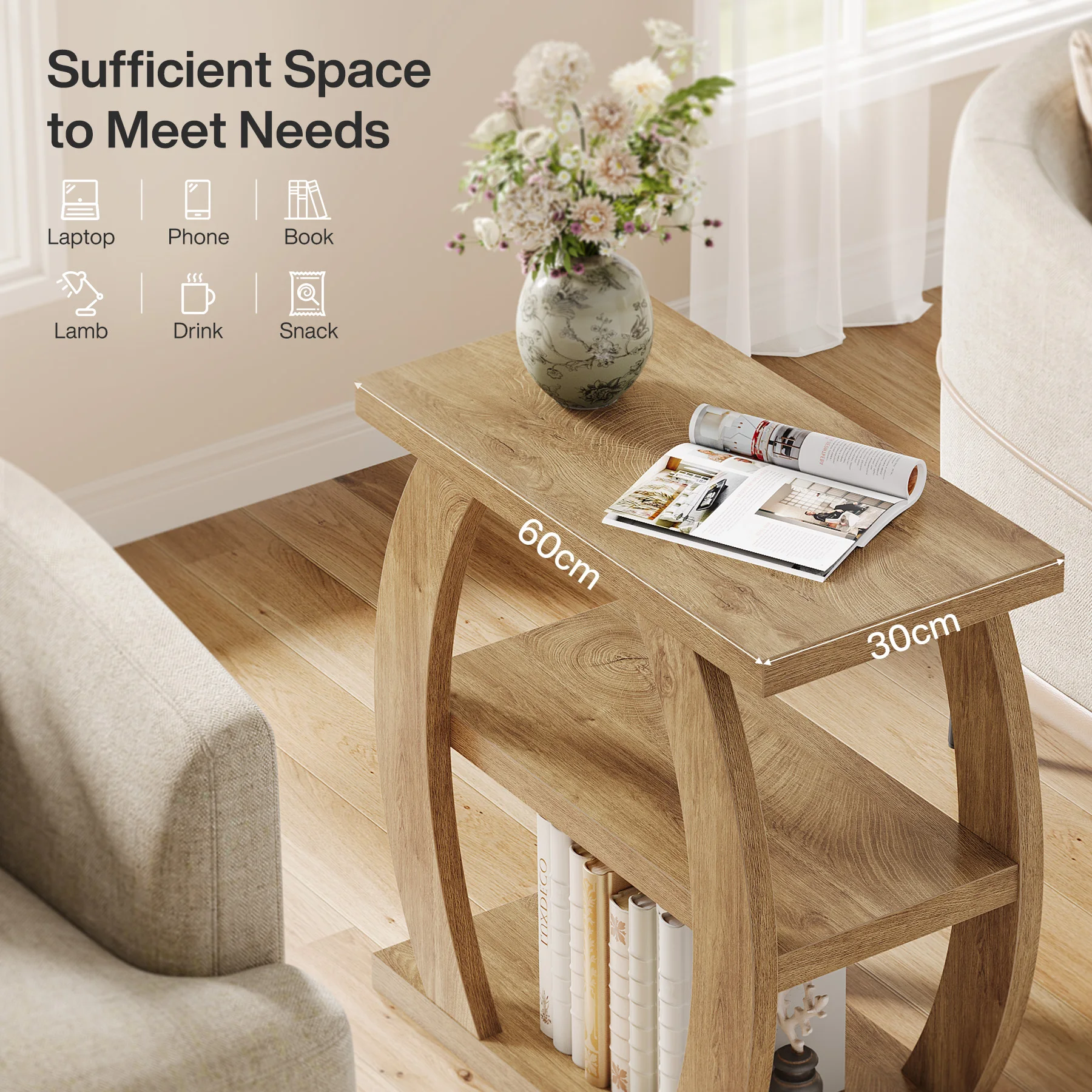 Tribesigns End Table for Living Room, 3-Tier Narrow Side Table with Storage, Farmhouse Wooden Beside Table with Geometric Frame, Tall Nightstand for Bedroom, Small Spaces, Natural Oak image 5