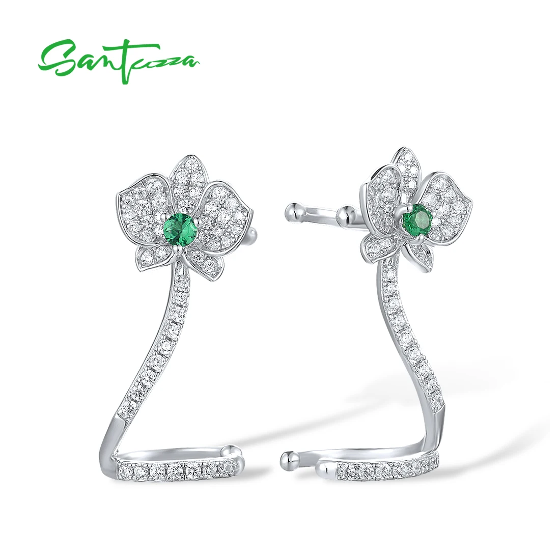 SANTUZZA Pure 925 Sterling Silver Cuff Earrings For Women Sparkling White CZ Green Spinel Orchid Flower No Pierce Fine Jewelry