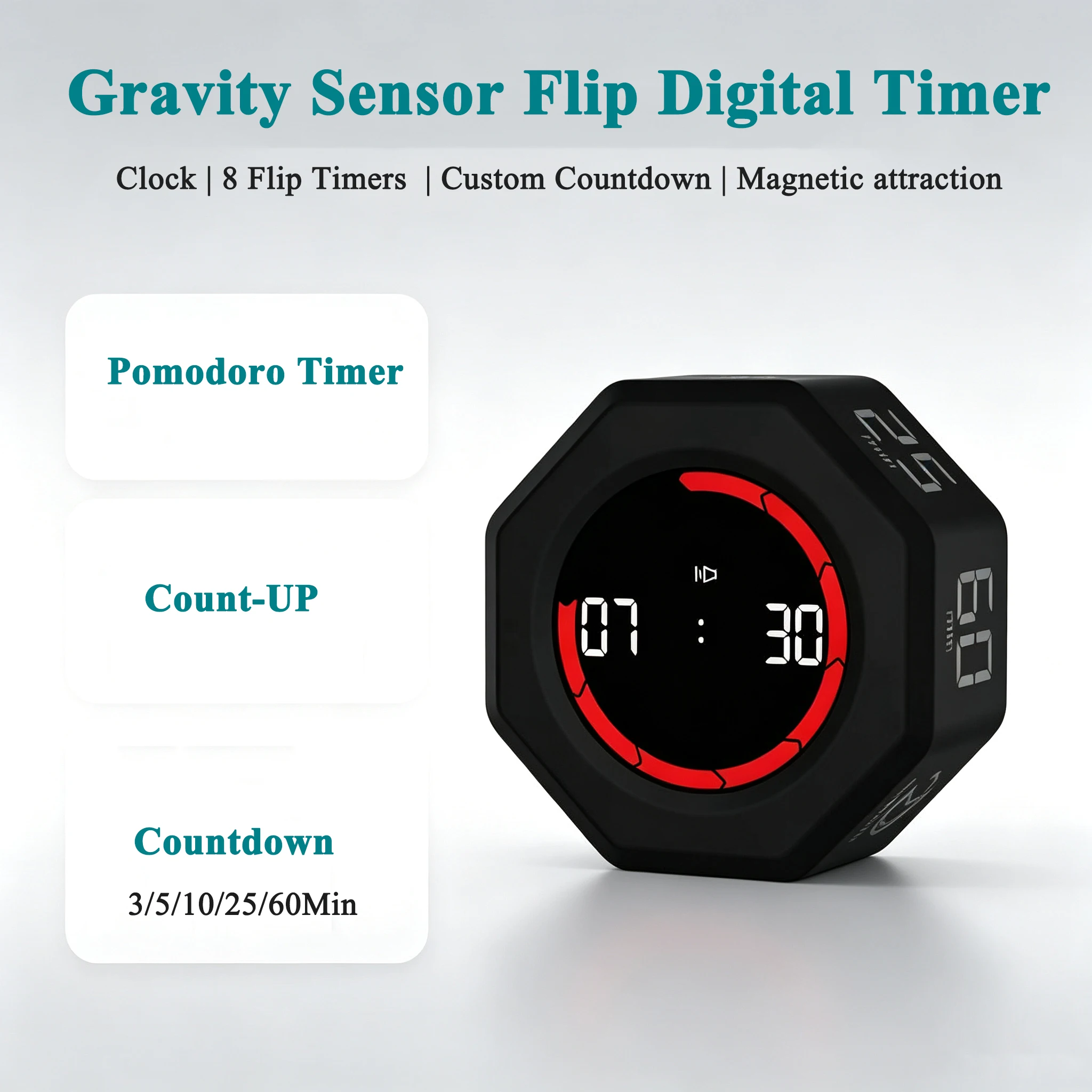 Flip Pomodoro Timer Gravity Sensor LED Productivity Timer USB-C Rechargeable Countdown 3/5/10/25/60 Timer for Work Study Kitchen