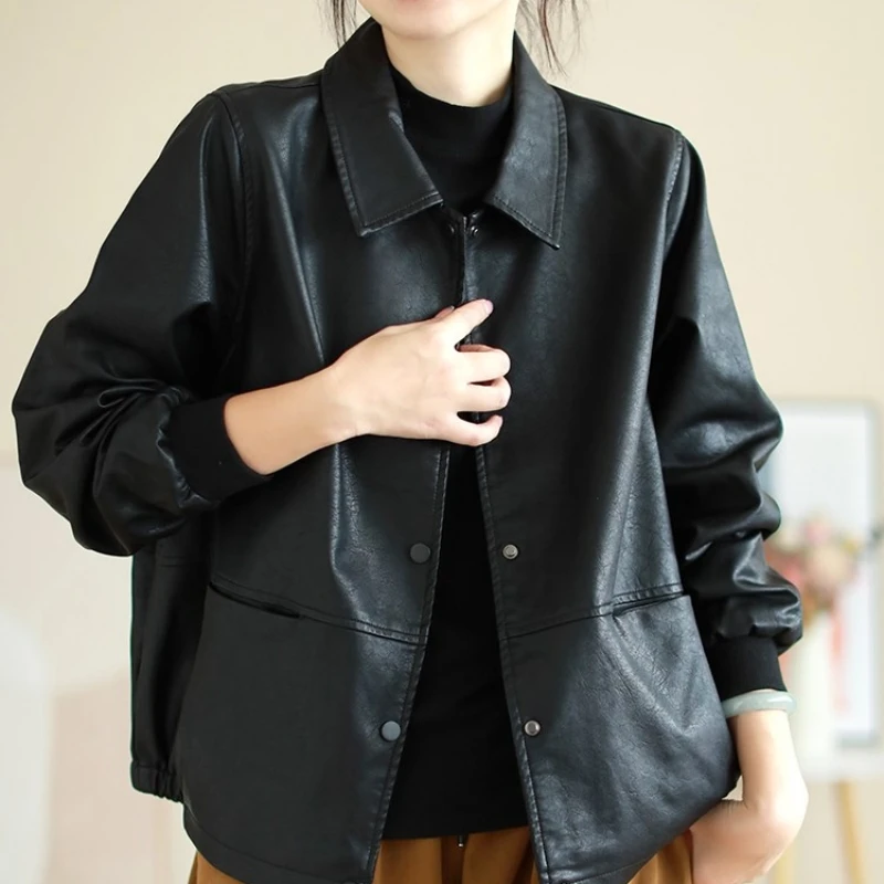 Jaet – manteau de Baseball en cuir PU pour femme, grande taille, décontracté, revers, coréen, Patchwork, moto, automne hiver