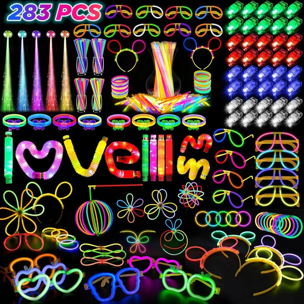 

Glow in the Dark Party Favors for Adults Kids, 27 Carnival Accessories, 56 LED Light Up Toys Bulk, 100 Glow Sticks Party Pack, N
