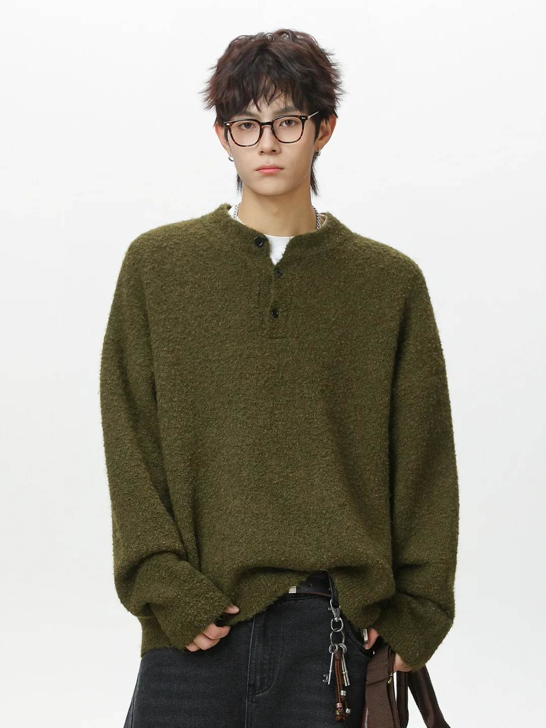 

Thiened вязаный мужской свитшот повседневный с воротником Генри свободного кроя теплый осенне-зимний модный ленивый американский длинный слэ...