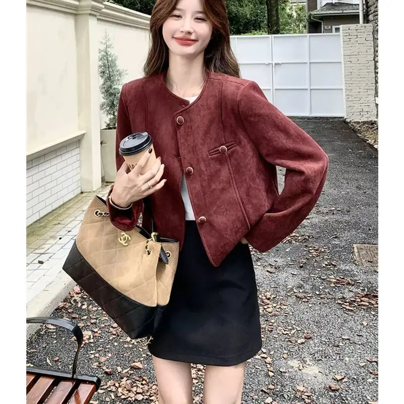 Ankola Red Women's Small Fragrant Style Loose Casual Short Coat 2026 Autumn Women's New Retro Temperament Small Versatile Jacket