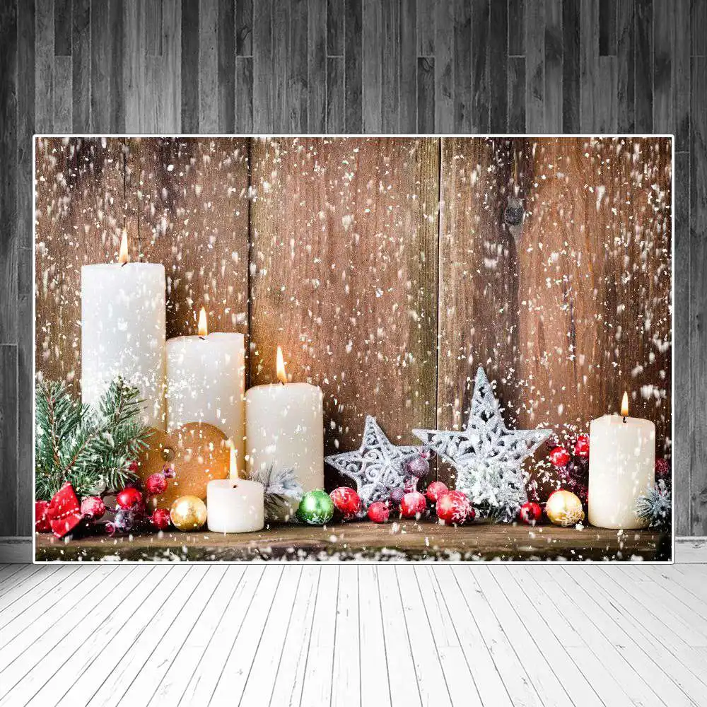 Christmas Snowflake Wooden Planks Photography Backgrounds Custom Candles Star Pine Holly Baby Party Decoration Photo Backdrops