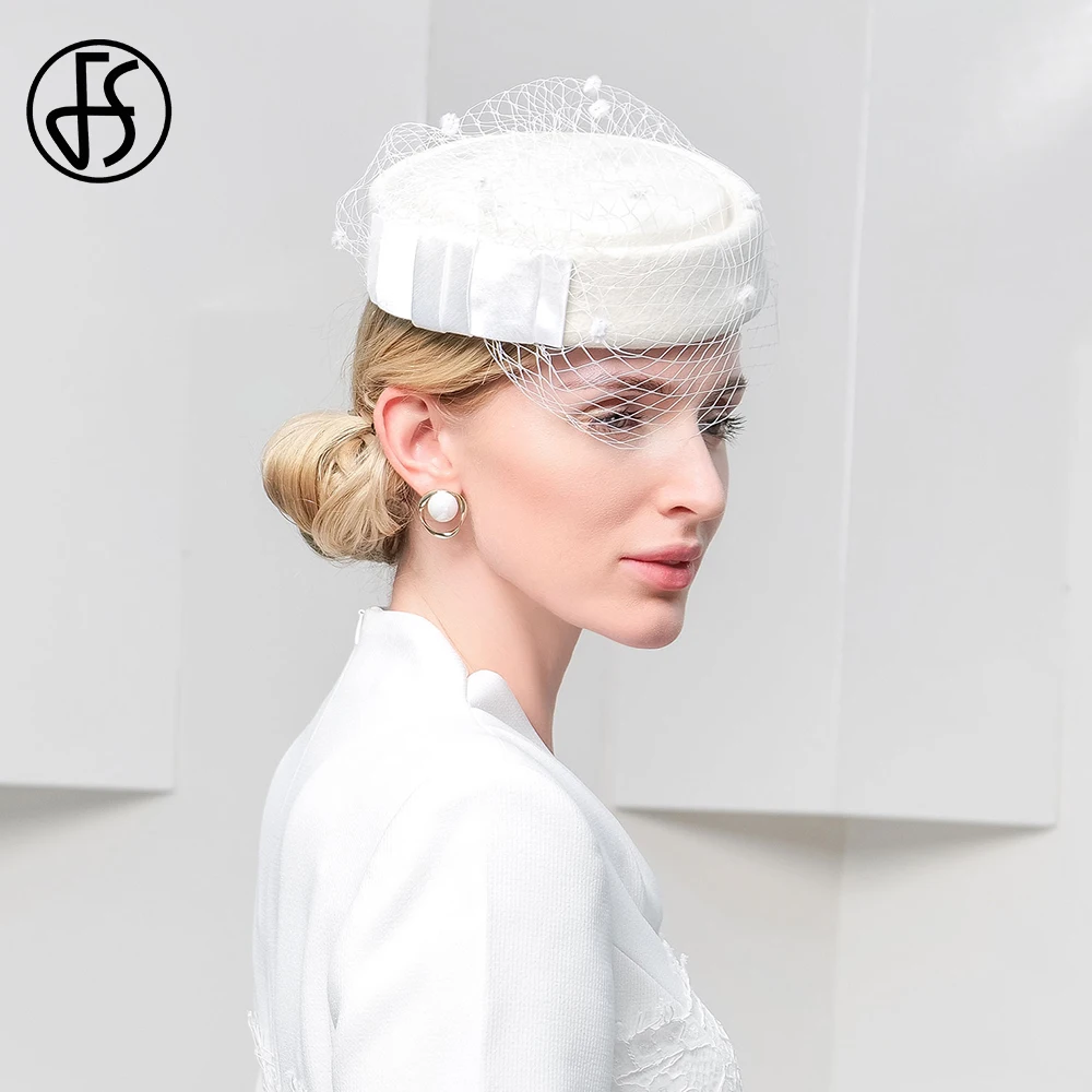 FS French Elegant White Beret Air Hostess Wool Felt Hats For Women Warm Winter Fedoras Fascinator Cocktail Tea Party Cap 2024