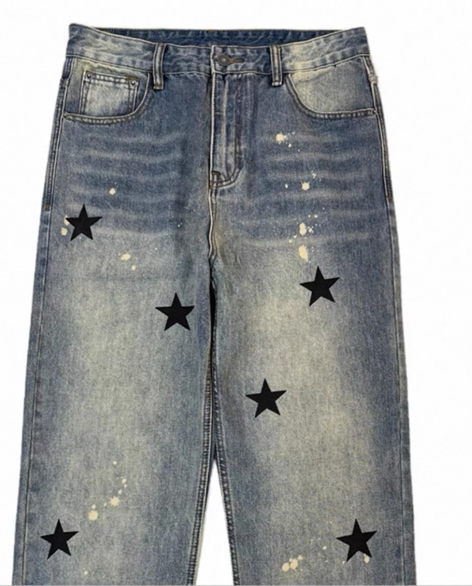 2025 الرجال الخريف جديد فضفاض الراحة شارع العليا ضوء الفاخرة شخصية مستقيم الدينيم السراويل طباعة نجمة خماسية شيك الجينز #6