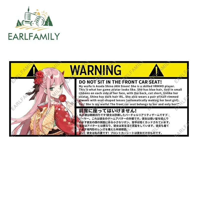 EARLFAMILY Car Sticker for Creative Zero Two Warning Slap Stickers Anime Vinyl JDM Window Caravan Racing Decal Car Accessories