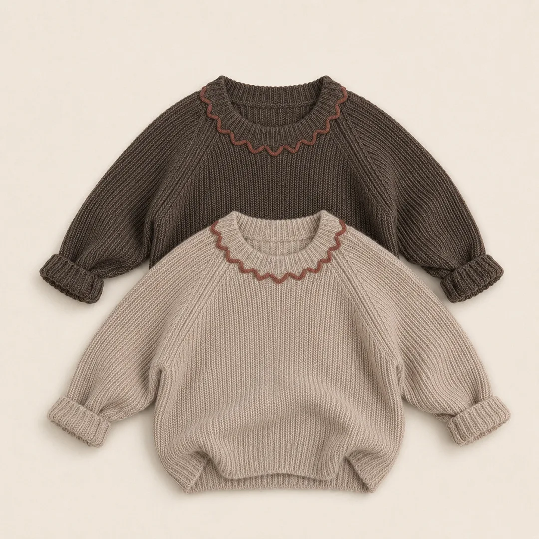 Girls Colorblock Ribbed Sweater – Scalloped Ruffle Trim Crew Neck, Textured Long Sleeve Knit Pullover for Autumn Winter