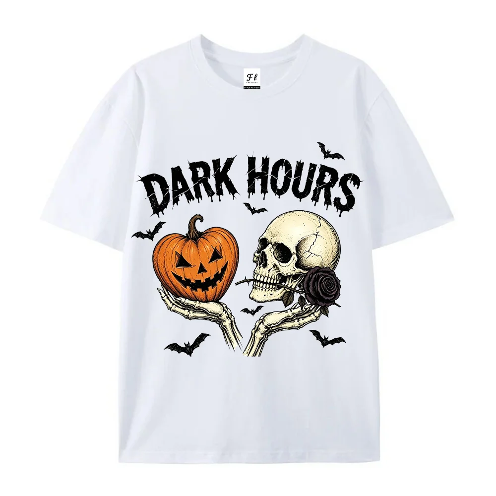 Men Graphic T Shirt Halloween Dark Hours Skull Pumpkin Bat Print Gothic Streetwear Casual Short Sleeve Tee For Teen Boys