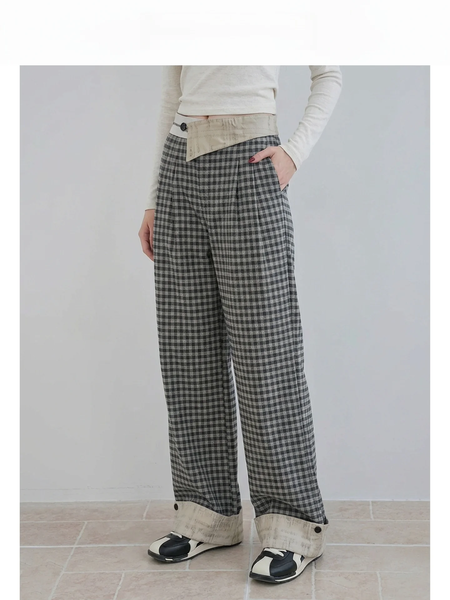 

Retro Briti High Waist Wide Leg Pants Women's Plaid Casual Straight Cut Trousers Asymmetrical Splicing Slimming Design