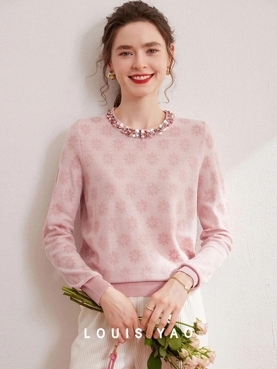 LOUIS YAO 2024 Autumn Elegant Jacquard Fashion Glitter Bead Chain Decoration Round Neck Long Sleeve Women's Knitted Shirt