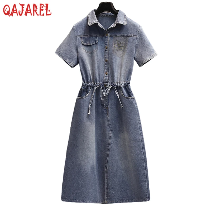 

Summer Short Sleeve Polo Collar Midi Dress Women Blue Denim Elegant Office Lady Dress 2024 Korean Vintage Casual Party Vestidos