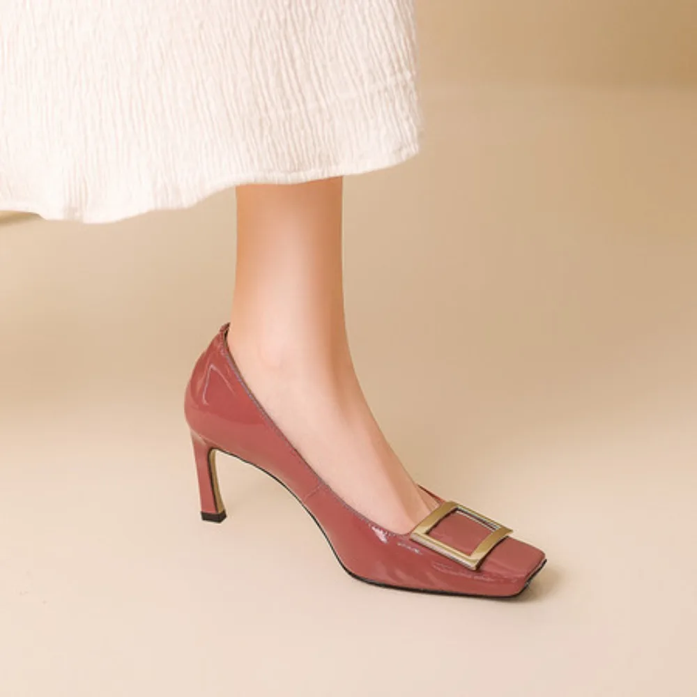 

Classic Square Toe Patent Leather High Heels Women Genuine Leather Elegant Buckle Shoes