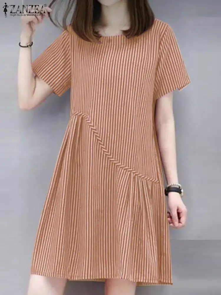 

2024 ZANZEA Summer Sundress Women Fashion O Neck Short Sleeve Striped Dress Robe Femme Beach Knee-length Vestido Kaftan Oversize