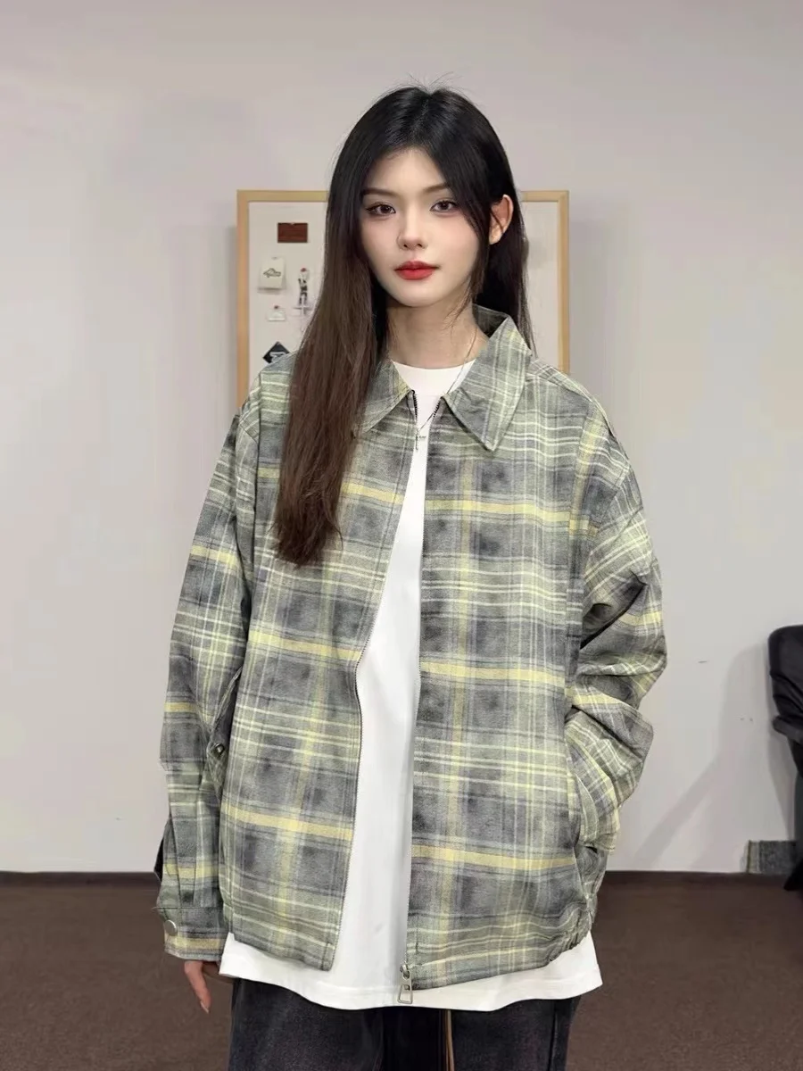 

Retro American Plaid irt Jaet Men Women Casual Loose Top Cleanfit Autumn New Sle Youth Trend Long Sve Flip Collar