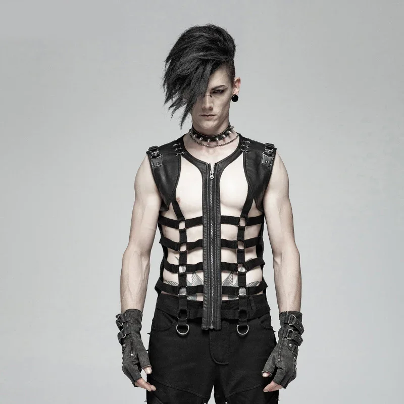 PUNK RAVE New Men\'s Black Skeleton Pu Personality Hollow-out Vest with Metal Leather Tab and Eyelet Trim Men Tank Tops Halloween