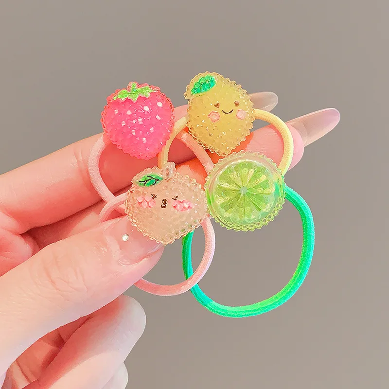 2026 New 2/10pcs/set Fuzzy Fruit Flower Shell Hair Ties No Hurt Hair Glitter Resin Decor Soft Elastic for Baby Girls Toddler