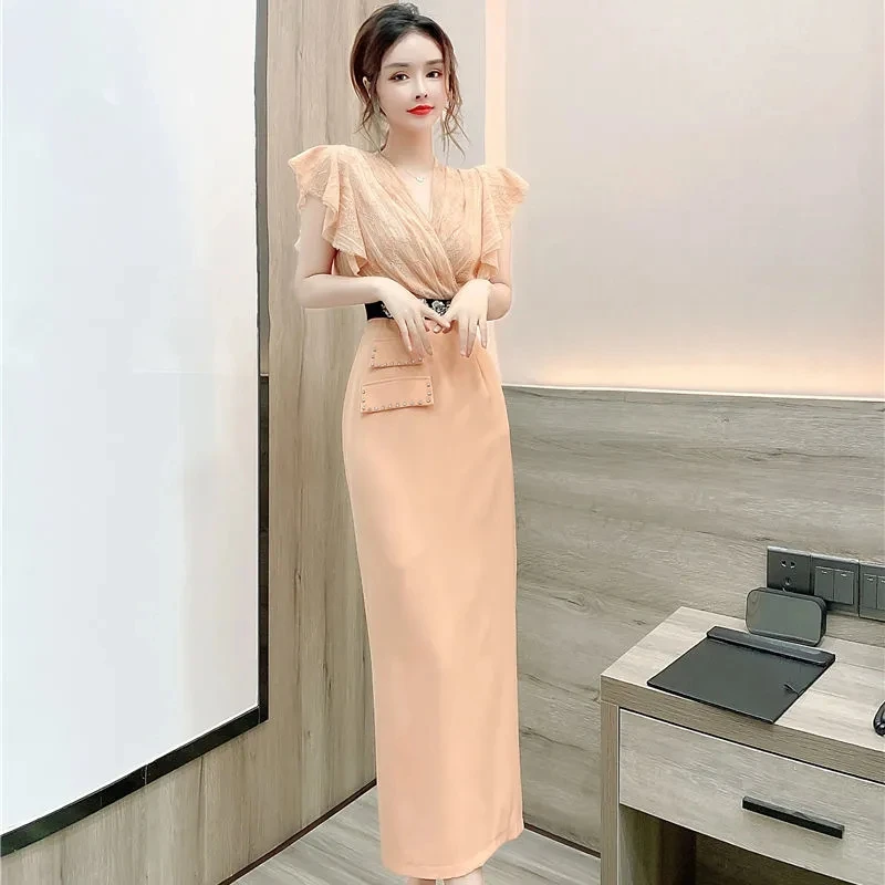 

Women's Dress Temperament V-Neck Dress 2023 Summer New Fashion Fashionable OL Slim Fit Slim Wrap Hip Skirt