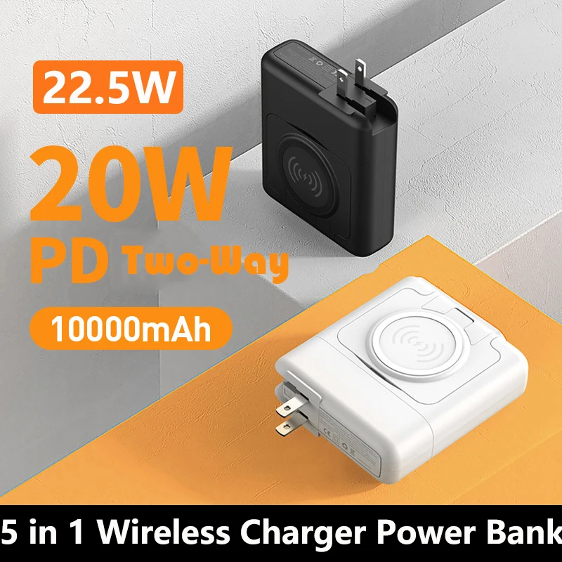 5 in 1 Wireless Charger Power Bank 10000mAh with Cable AC Plug 22.5W Fast Charging for iPhone 15 Huawei Xiaomi Samsung Powerbank