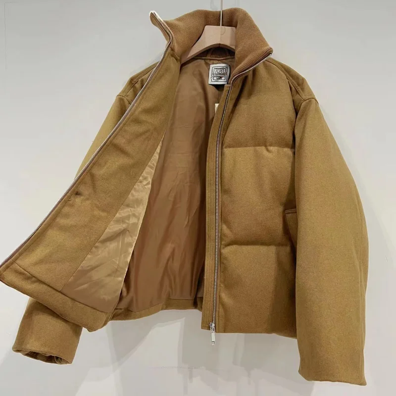 Women Niche 90% White Duck Down Coats Wool Blend Autumn Winter Ribbed Stand Collar Pocket Silhouette Jacket Warm Tops Puffer