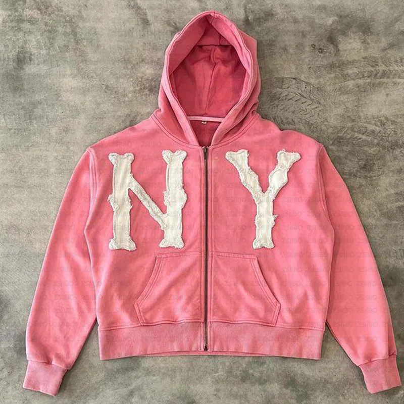 

2026 Spring Y2K new style patchwork embroidery design hooded cardigan, featuring a full chain design and a loose fit, suitable f