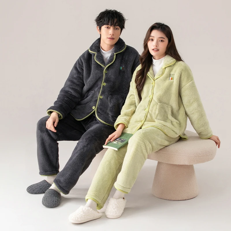 High Quality Couple Pajamas Set Turn-down Collar Flannel Sleepwear Women Men Warm Fleece Pijama Winter Lovers Home Clothing