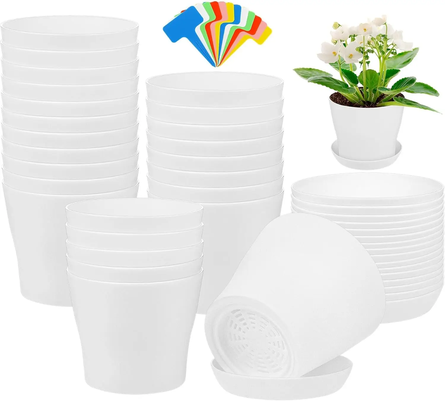 

24 Pack 4 Inch Plastic Planters with Drainage Holes and Trays for Indoor Outdoor Seedling Herbs Succulents White