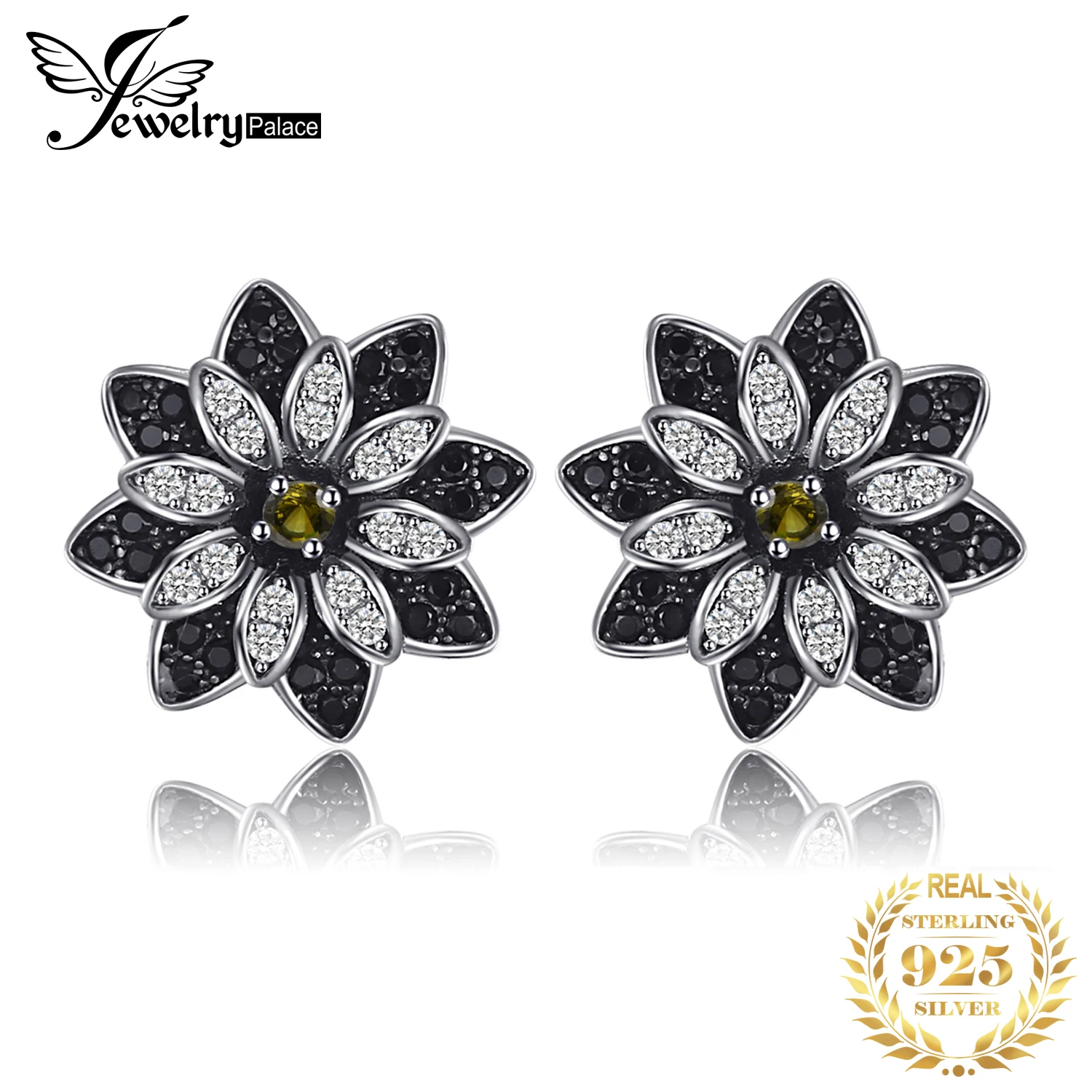 

JewelryPalace Flower Natural Smoky Quartzs Black Spinel 925 Sterling Silver Stud Earrings for Women Fashion Gemstone Jewelry