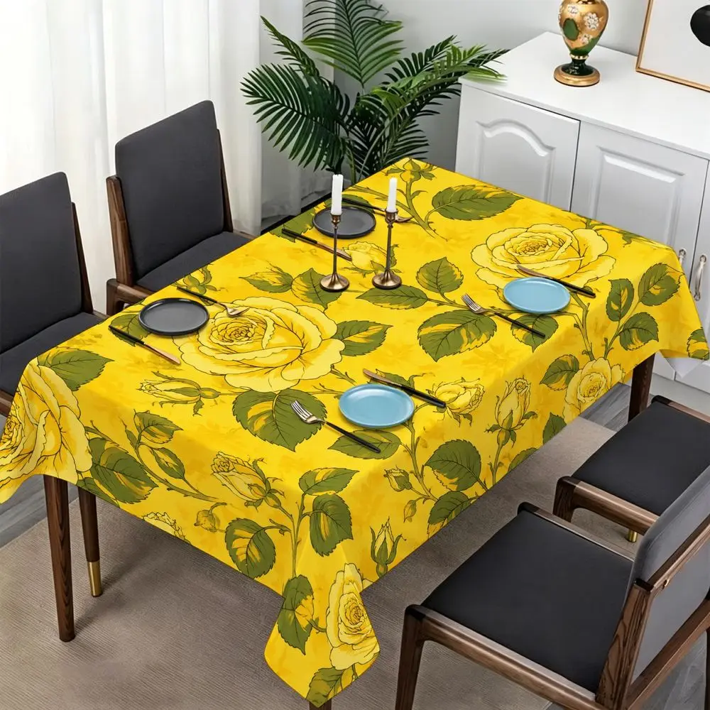 Bright Yellow Floral Tablecloth Suitable for Dining Room, Farmhouse Rectangular Table Cover with Yellow Roses & Green Print, Washable Fabric Table S for Spring Summer Kitchen, Wedding, Party Decor, Fits Square or Rectangular Tables