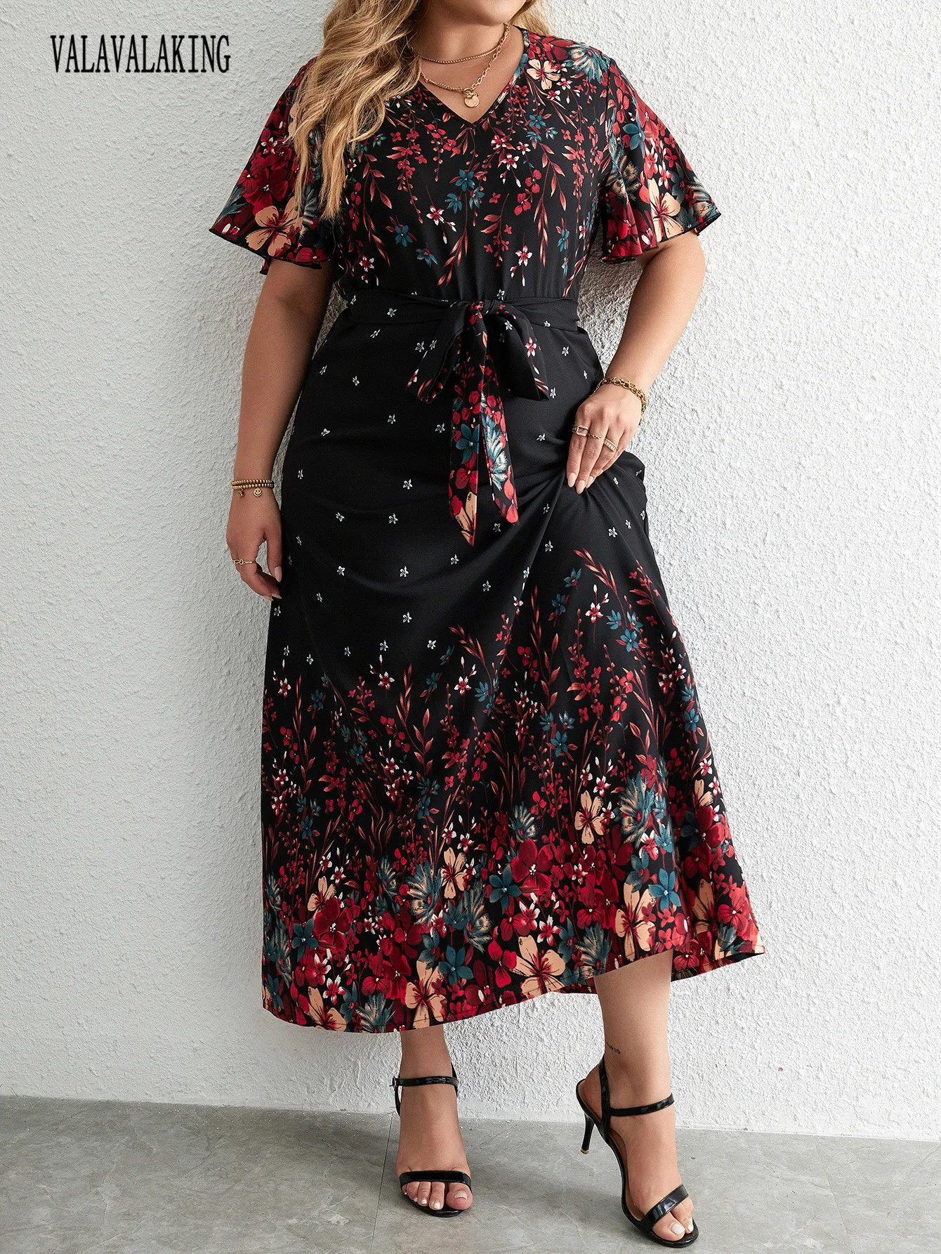 2025 Casual V-Neck Floral Print Plus Size Dress Women Ruffle Short Sleeve Large Midi Dress Lady Chubby Curvy Lace-Up Long Dress