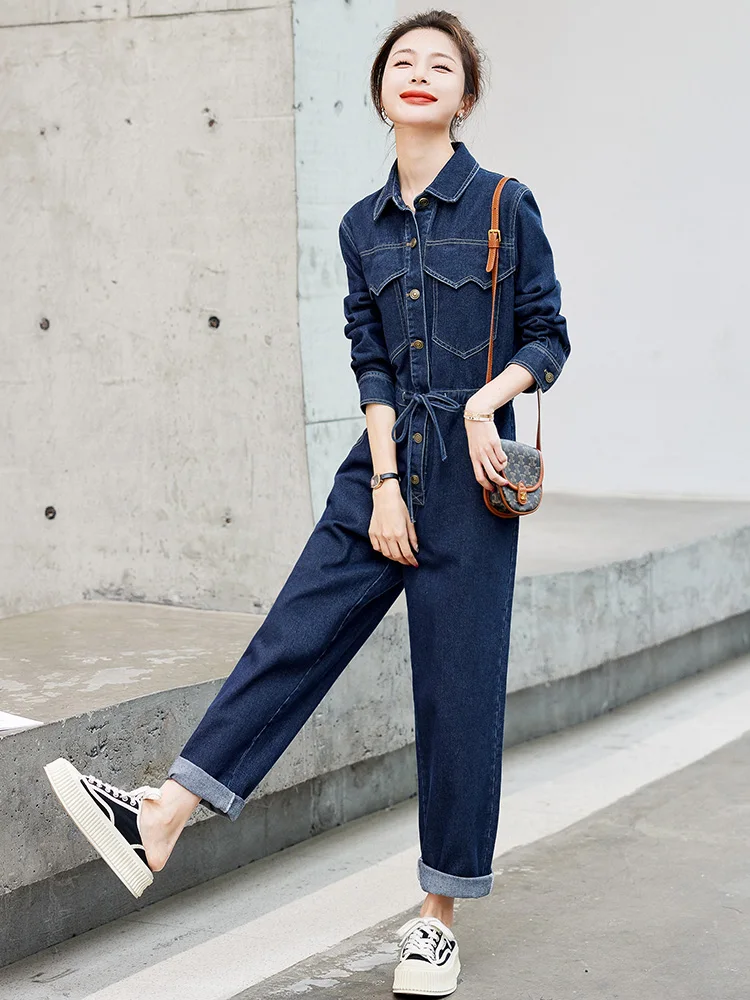 

Elegant Women's Denim Overalls Spring Autumn High Waist Straight Leg Jumpsuit Fashionable Set Goddess Style Cotton Blend