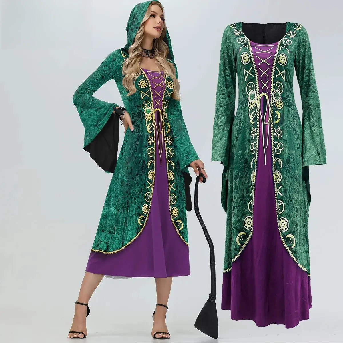 Vestido de Halloween Hocus Pocus Winifred Sanderson para mujer, disfraz de Halloween con patrón verde, vestidos medievales con capucha, ropa de fiesta