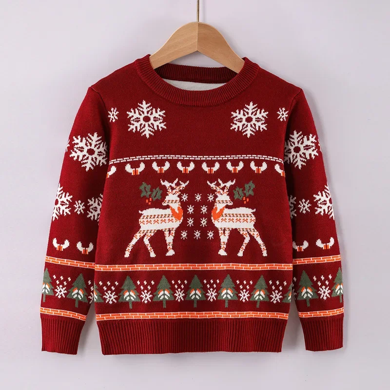 Kids Christmas Sweater Fall Winter Reindeer Snowflake Pattern Crew Neck Long Sleeve Knit Pullover Boys Girls Holiday Party Tops