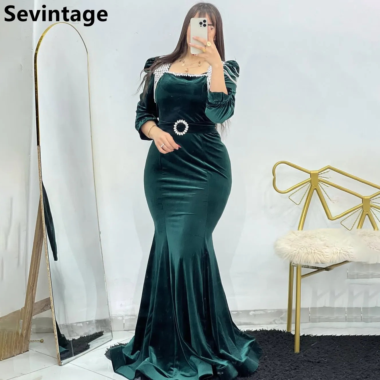 Sevintage Velour Mermaid Long Sleeve Evening Dresses For Wedding Party Square Neck Formal Prom Dress Dubai Party Gown Customized