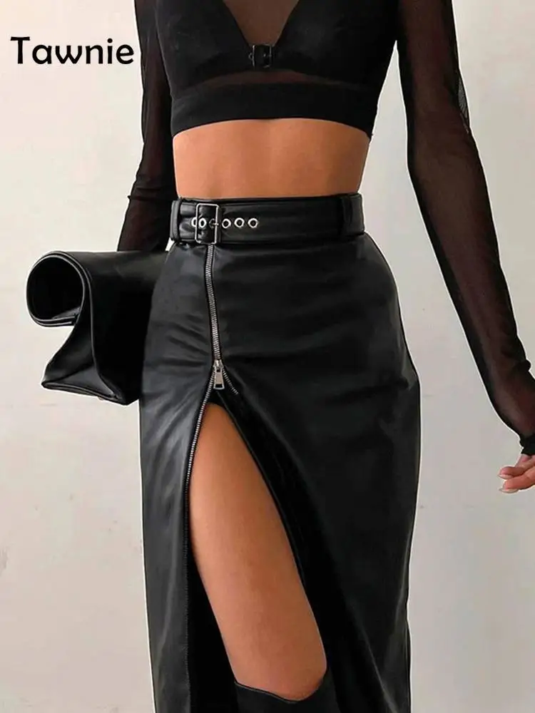 

Tawnie 2024 Autumn Y2K Pu Leather Bodycon Midi Skirt Women High Waist Sexy Split Pencil Skirts Zipper Club Party Outfits Bottoms