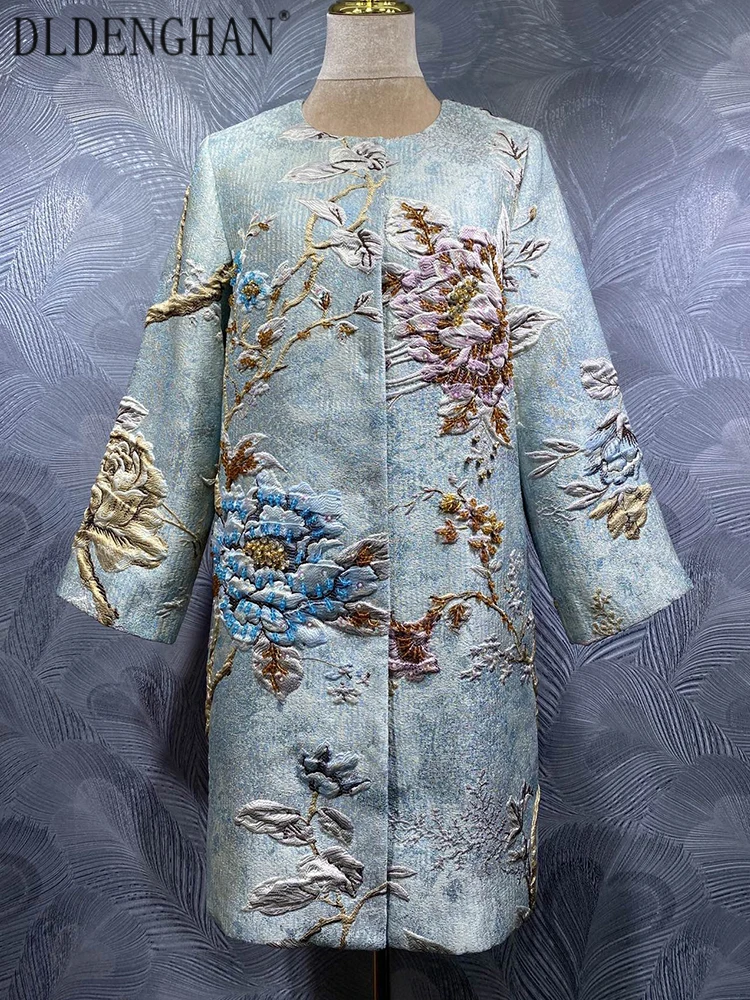 

DLDENGHAN жаккардовое пальто с бисером для женщин с круглым вырезом и длинными рукавами, карманами, скрытыми пуговицами, винтажная верхняя одежда, осенняя модная женская одежда