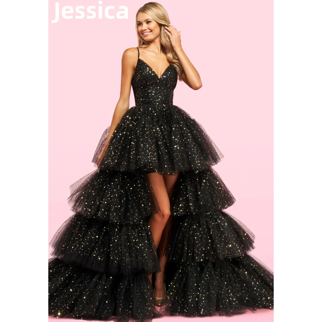 Jessica Black Glitter Prom Dresses Tulle Sequins High And Low Layering 2024Vestidos De Noche Formal Occasions Party Dressese