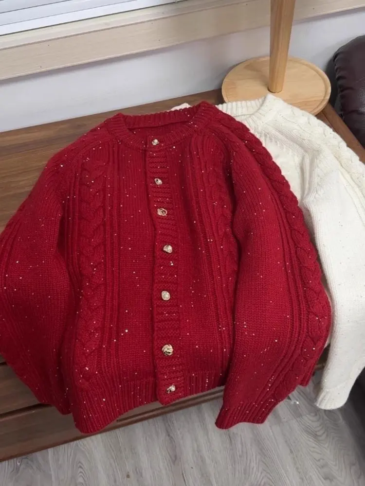 Czerwony cekinowy okrągły sweter-kardigan z dzianiny, długi płaszcz, zapinany na jeden guzik, modny kardigan damski na jesień.