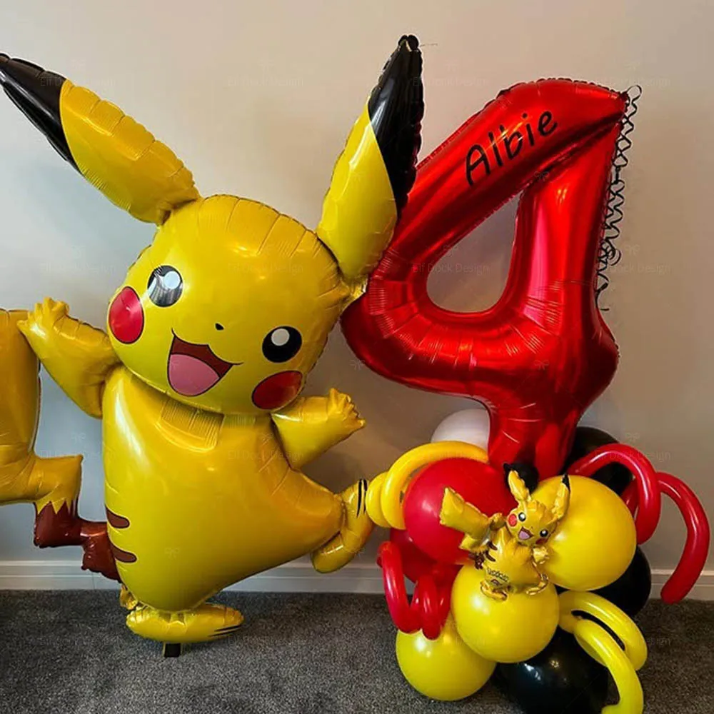 1 Set Cartoon Pikachu Themen-Folienballons Rot-Schwarze Zahlenballons Kindergeburtstag Partydekoration Zubehör Babyparty Geschenke