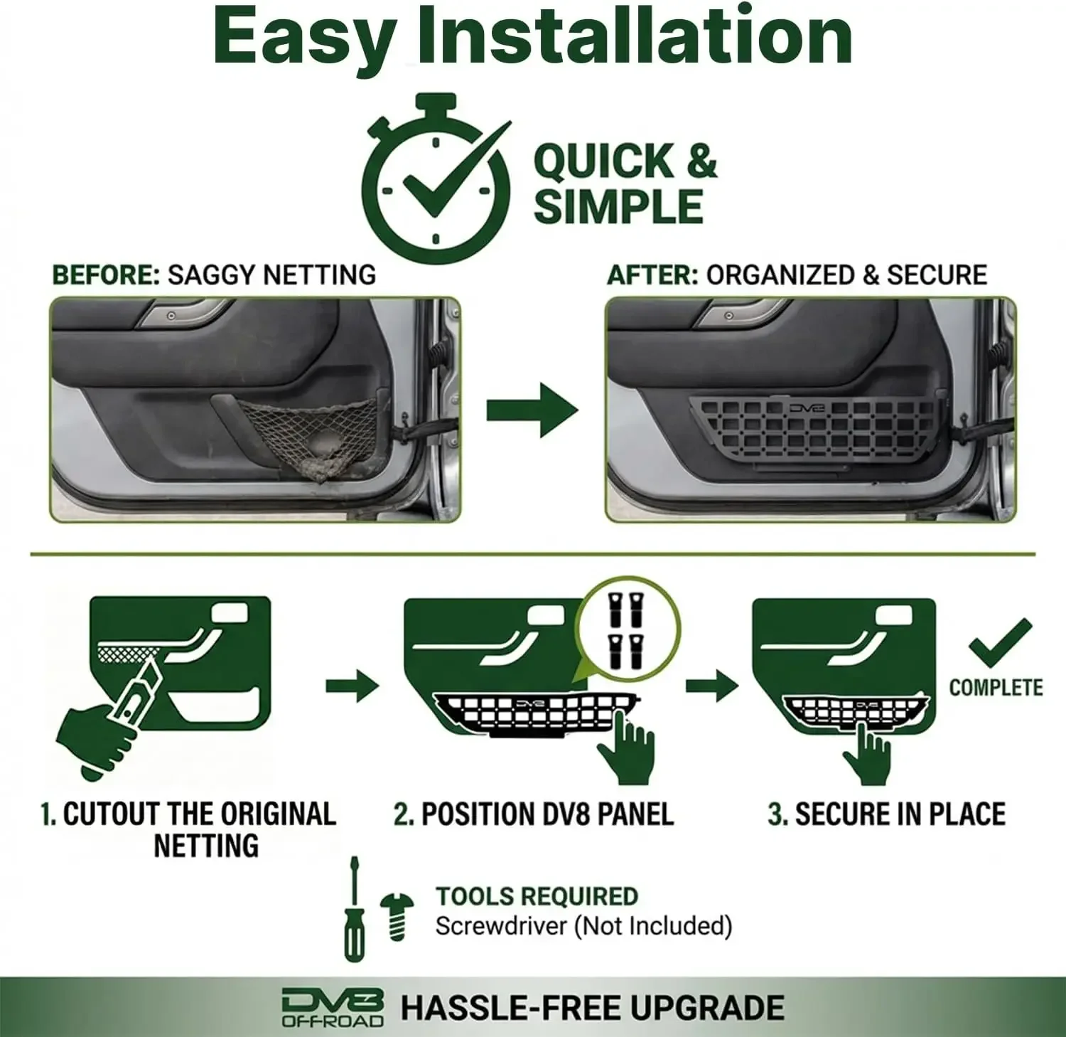 DV8 Front Door Pockets for 2018-2026 Jeep Wrangler JL & Gladiator JT | & Gladiator, Rigid Steel Molle Panel Storage Organizer, R