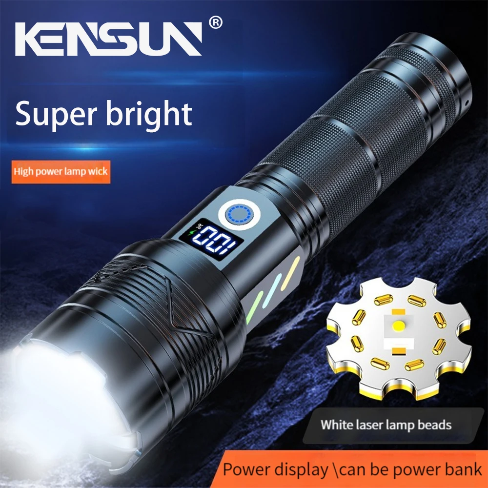 Ultra Strong Light Torch Long-range Powerful LED Flashlight USB Rechargeable Outdoor Camping Lamp Zoom Lantern Power Display