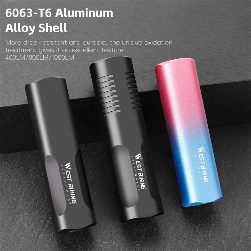 WEST BIKING Bicycle Front Lights 400/800/1000 Lumens 6063 Aluminum Alloy Portable Cycling Headlight Black/Pink Blue Gradient