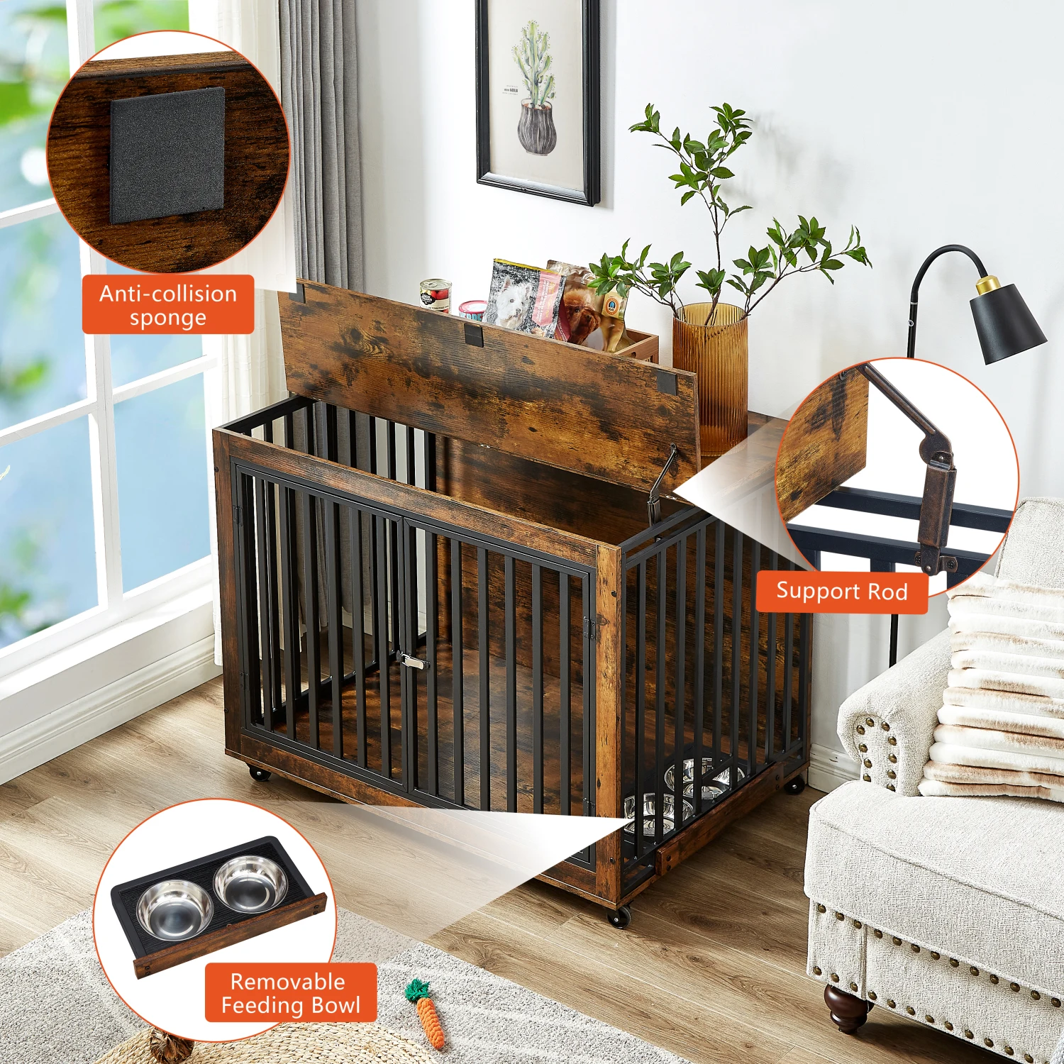 

Rustic Brown Furniture Style Dog Crate Side Table with Feeding Bowl, Wheels, 3 Doors, Flip-Up Top - Indoor - 43.7"W x 30"D x 33.